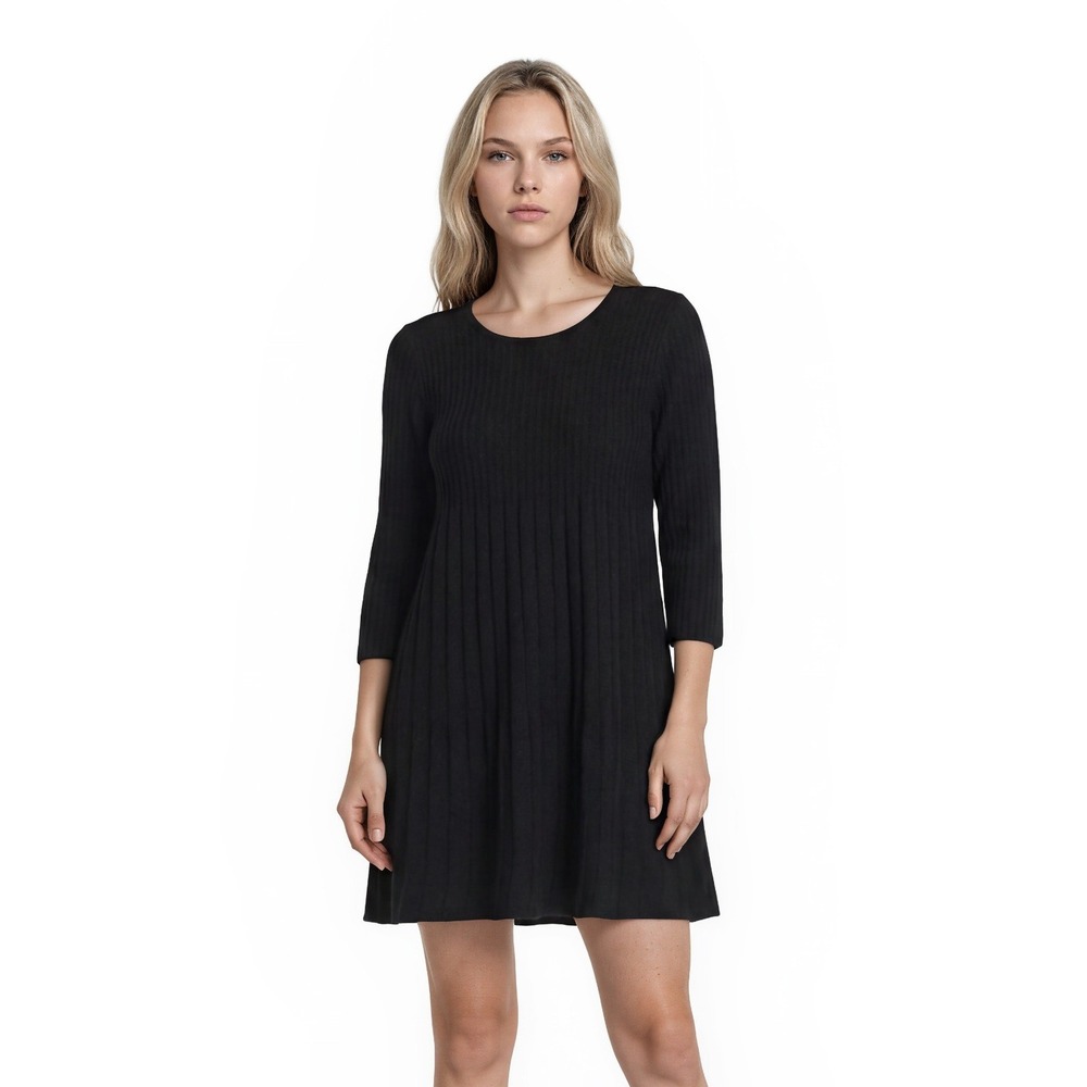 Eileen Fisher Dress Women's Size Medium Black Ribbed 100% Wool A Line 3/4 Sleeve
